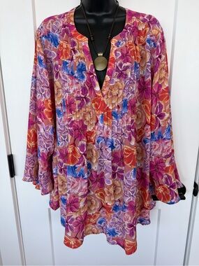 BRIGHT FLORAL BOHO BLOUSE - Tunic  in Magenta Mix- pleated  front - bell sleeves